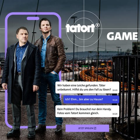 Wer die URL zum neuen Tatort-Game des SWR aufruft, startet direkt in den Dialog mit den Stuttgarter Tatort-Kommissaren Thorsten Lannert und Sebastian Bootz und wird aufgefordert, ein Foto vom Fundort der Leiche zu interpretieren.