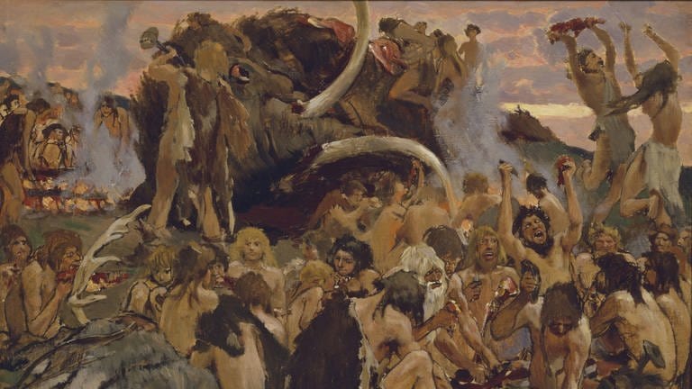 Ein gemaltes Bild zeigt Neandertaler in einer großen Gruppe, die ein erlegtes Mammutt essen.