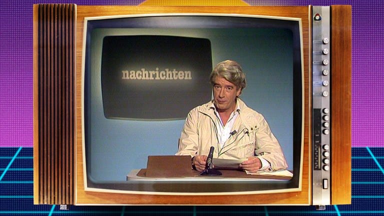 Rudi Carell moderiert die Sportnachrichten von 1983 in der Sendung "Sport unter der Lupe", Folge 316)   (Foto: SWR, SWR1/ SWF )