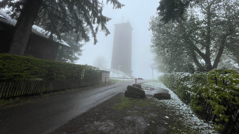 Nebel umgibt den Wasserturm von Dobel (Kreis Calw). Auf der Wiese ringsherum liegt Schnee.  (Foto: SWR, Cornelia Stenull)