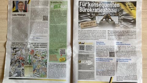 Auf Seite 2 richtet der Fraktionsvorsitzende der AfD Baden-Württemberg ein Grußwort an Leserinnen und Leser. Darunter wird Ministerpräsident Winfried Kretschmann karikiert.  (Foto: SWR)