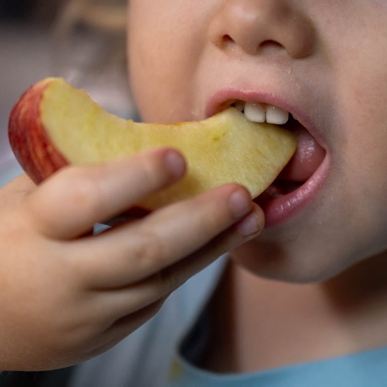 Ein Kind isst ein Stück Apfel von einem Teller mit Snacks.