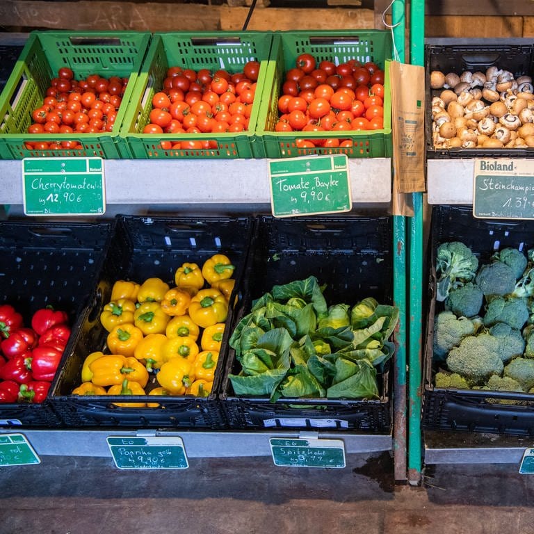 Boxen mit verschiedenen Gemüsen stehen auf einem Bioland-Hof zum Verkauf. In Hofläden und Bio-Supermärkten macht sich die Inflation bemerkbar.