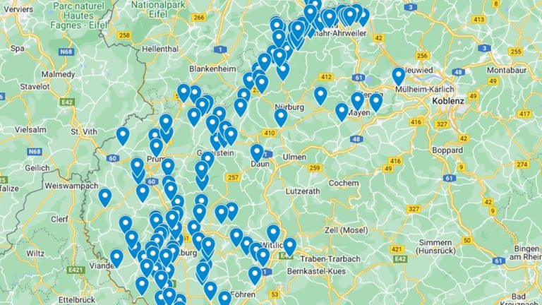 Hochwasser 2021 in RLP: Google-Karte, auf der die betroffenen Orte markiert sind