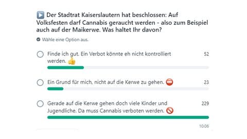 Eine SWR-Umfrage in der App "Whatsapp" ergab, dass einige Bürgerinnen und Bürger aus Kaiserslautern nichts von der Erlaubnis halten, auf der Kerwe kiffen zu dürfen.