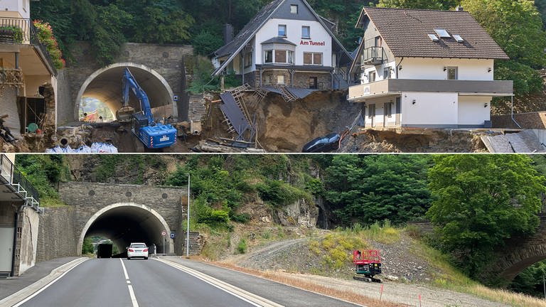 Tunnel in Altenahr kurz nach der Flut 2021 und heute 2023 (Foto: SWR)