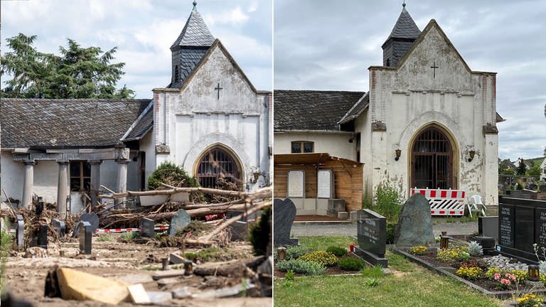 Der zerstörte Friedhof in Bad Neuenahr-Ahrweiler kurz nach der Flut 2021 und heute 2023 (Foto: SWR)