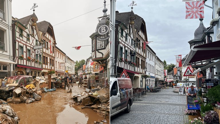 Innenstadt von Bad Neuenahr-Ahrweiler kurz nach der Flut 2021 und heute 2023