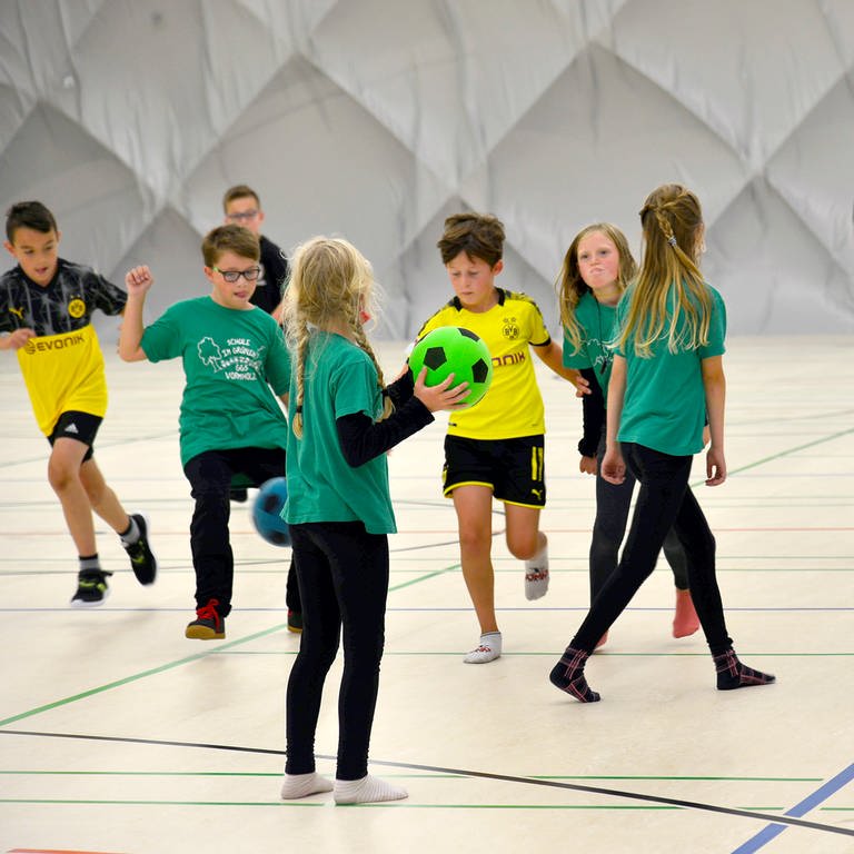 Symbolbild. Kinder spielen in einer Halle Ball. Die Uni Mainz und Alba Berlin kooperieren, um mehr Kindern aus sozial schwächeren Familien Zugang zu Sport zu bieten.