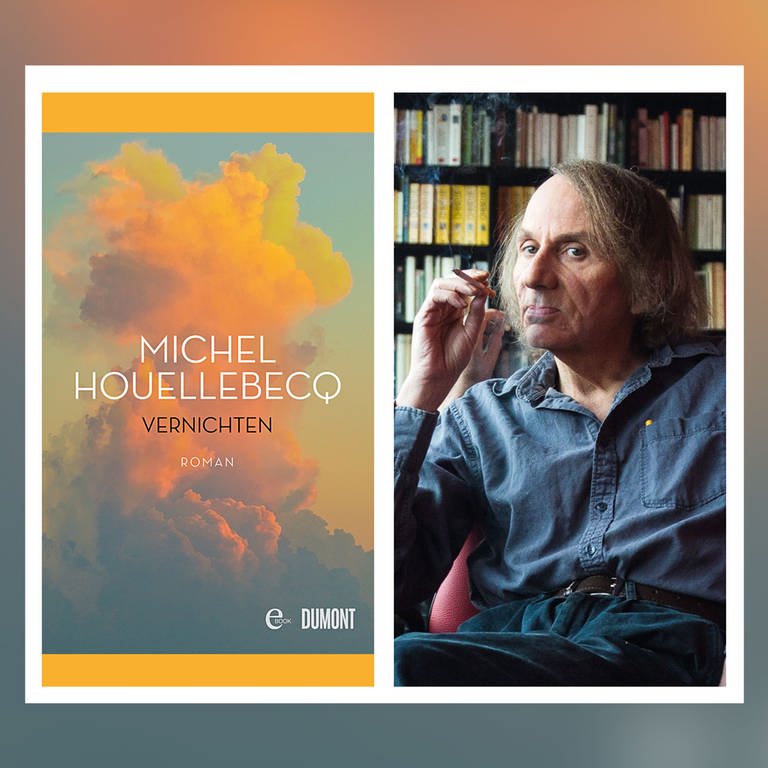 Porträt des französischen Schriftsteller Michel Houellebecq und das Cover zu seinem Roman "Vernichten"