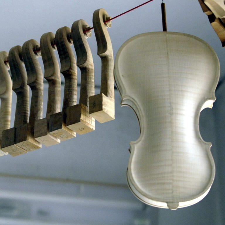 Hängende Resonanzkörper in der Geigenbauwerkstatt von Veit Jacob, Vogtland.
