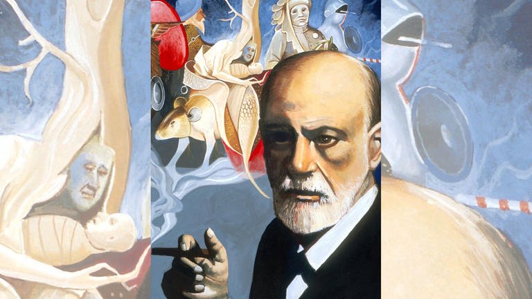 Grafik mit Porträt und Traumbildern von Sigmund Freund: Sigmund Freud (1856 - 1939), österreichischer Begründer der Psychoanalyse