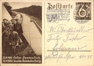 Hitler beim Autobahn-Spatenstich: Der erste Spatenstich 1933 als Postkarte bzw. Ganzsache (ca. 1935)