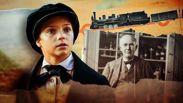 Collage aus einem Porträt des historischen Edison und seiner Filmfigur.