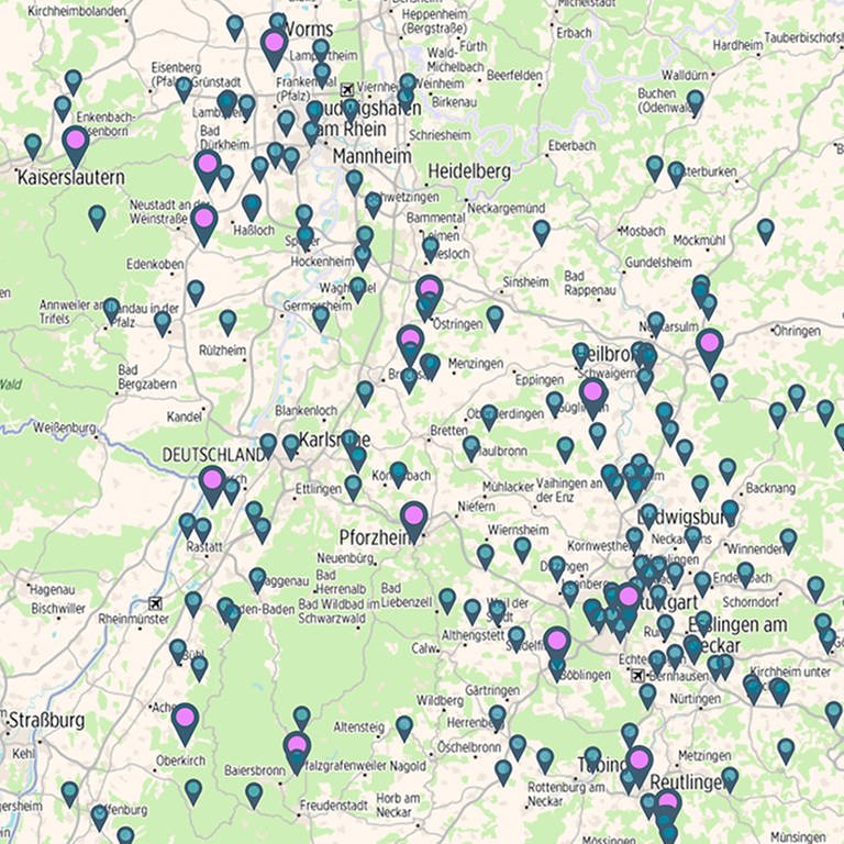 Pins der interaktiven #zuLAUT-Karte auf einer Map