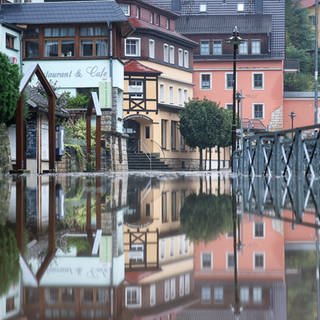 Die Häuser des Luftkurortes Rathen spiegeln sich im Hochwasser der Elbe.