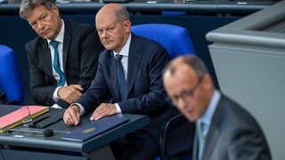 Robert Habeck, Olaf Scholz und Friedrich Merz im Bundestag 