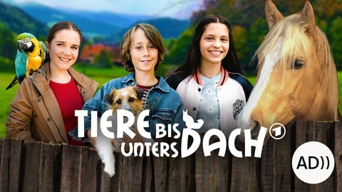 Leo alias Philis, Sam alias Yann und Ronya alias Kaya stehen gemeinsam mit Hund, Pferd und Papagei lachend hinter einem Zaun, darauf der Schrifttzug "Tiere bis unters Dach", rechts unten das Icon AD, das kennzeichnet, dass ein Film eine Audiodekription hat