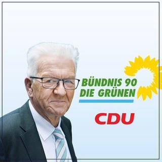 Winfried Kretschmann neben den Parteilogos von den Grünen und der CDU.