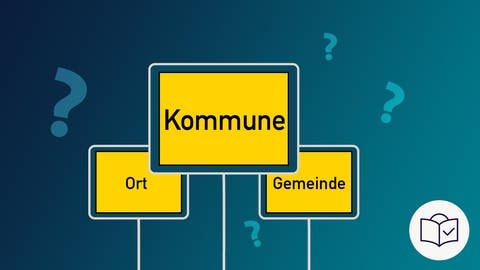 Das Bild ist eine Zeichnung. Das Thema ist: „Was ist eine Kommune?“ Der Hintergrund ist dunkel•blau. Auf dem Hinter•grund sind viele Frage•zeichen. Man sieht ein großes Orts•schild. Auf dem Schild steht Kommune. Dahinter ist ein kleines Orts•schild. Auf dem Schild steht Ort. Und noch ein kleines Orts•schild. Auf dem Schild steht: Gemeinde. Dazu: Das SWR-Zeichen für Leichte Sprache. Es ist ein weißer Kreis. Darin ist eine blaue Zeichnung: Ein Kopf hinter einem Buch. Auf dem Buch ist ein Häkchen. 