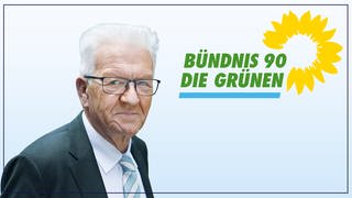 Winfried Kretschmann neben dem Parteilogo von den Grünen.