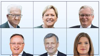 Winfried Kretschmann (Die Grünen), Susanne Eisenmann (CDU), Bernd Gögel (AfD), Andreas Stoch (SPD), Hans-Ulrich Rülke (FDP), Sarah Mirow (Die Linken)