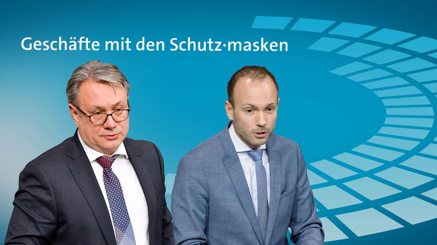 CSU-Politiker Geog Nüßlein und CDU-Politiker Nikolas Löbel auf blauer Grafik, dazu Schriftzug: Geschäfte mit den Schutz·masken