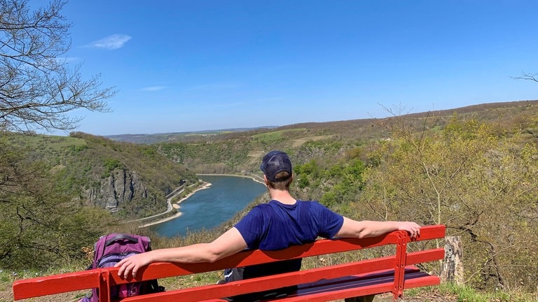 Junger Mann, der auf einer Bank sitzt und auf den Rhein blickt.