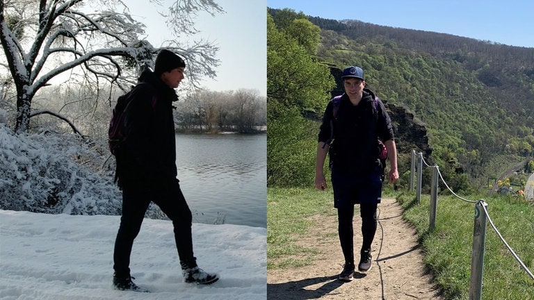 Landschaftsbilder mit Tobias, der im Winter und im Frühjahr am Rhein entlangläuft.