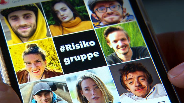 Ein Mosaik aus verschiedenen Porträts junger Menschen in der Risikogruppe. In der Mitte steht der Text #Risikogruppe