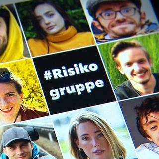 Ein Mosaik aus verschiedenen Porträts junger Menschen in der Risikogruppe. In der Mitte steht der Text #Risikogruppe