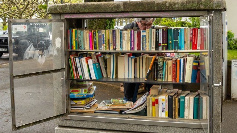 Ein alter Stromverteilerkasten wurde zu einem Bücherschrank umgebaut. In der „Offenen Bibliothek“ der Stadt Mainz kann man Bücher abgeben und kostenlos mitnehmen.