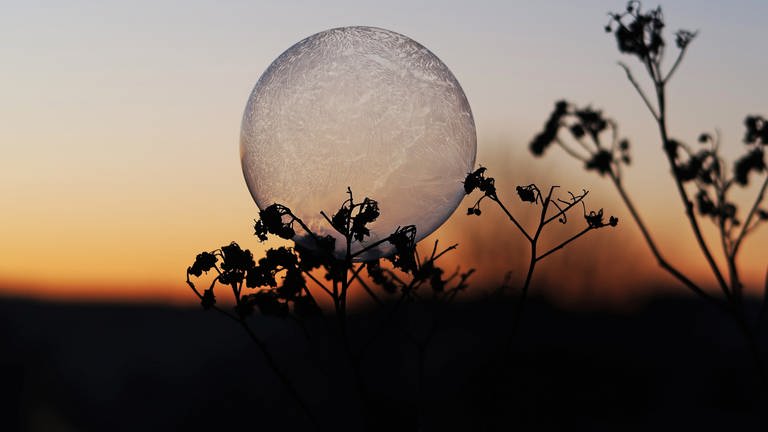 Gefrorene Seifenblase bei Sonnenaufgang