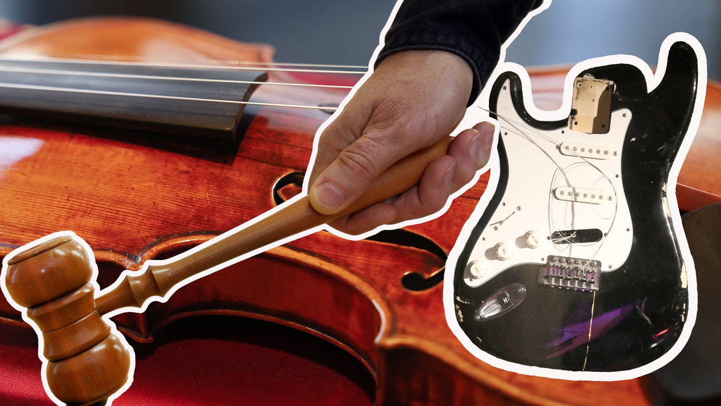 Auktionshammer, wertvolle Geige, Gitarre von Kurt Cobain