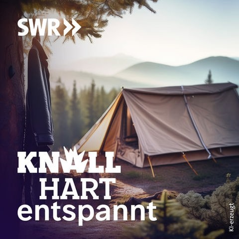 Keyvisual Knallhart entspannt Staffel 2: Zelt in der Natur, mit an den Nagel gehängtem Ledermantel und Augenklappe - Symbole für den Actionhelden Samuel L. Jackson, dessen deutsche Stimme, Engelbert von Nordhausen, im Podcast "Knallhart entspannt" zu hören ist