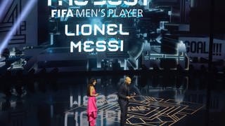 "Lionel Messi"-Schriftzug auf der Gala der Fifa. Messi selbst war nicht vor Ort.