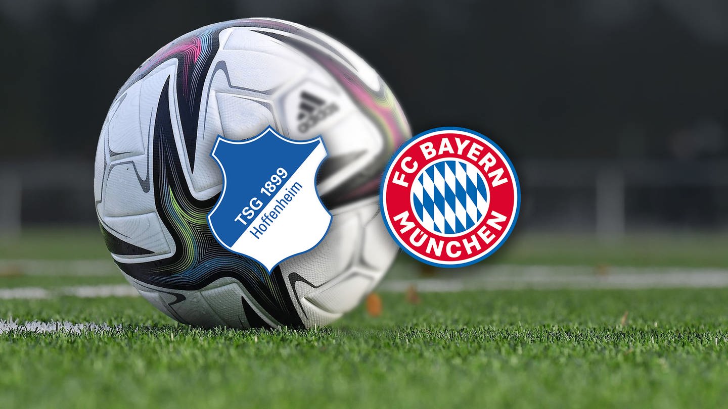 Ein Fußball, daneben das Logo der TSG Hoffenheim und das des FC Bayern München