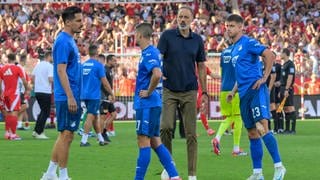 Adam Hlozek, Andrej Kramaric und Trainer Pellegrino Matarazzo ärgern sich über die Niederlage der TSG Hoffenheim bei Union Berlin.