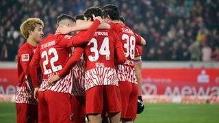 Der SC Freiburg bejubelt das 1:0 im Spiel gegen Köln.