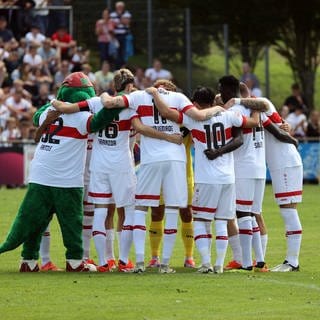 Der VfB Stuttgart schwört sich mit einem Spielerkreis auf das Testspiel beimFSV Hollenbach ein.