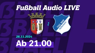 Logos von Sporting Braga und TSG Hoffenheim, dazu die Infos zum Livestream am 28.11.2024