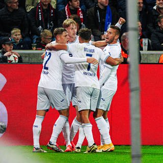 Torjubel TSG 1899 Hoffenheim nach Tor zum 1:1 von Max Moerstedt in der Europa League beim FC Midtjylland .