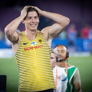 Jubel und Bronze für Stabhochspinger Oleg Zernikel bei den Leichtathletik-Europameisterschaften im Olympiastadion in Rom (12.06.2024).