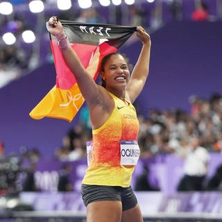 Kugelstosserin Yemisi Ogunleye von der MTG Mannheim holt Gold bei den Olympischen Spielen von Paris.