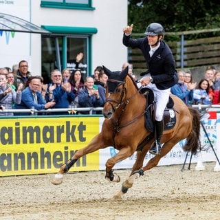 Richard Vogel gewinnt auf seinem Pferd "Cydello" auf dem Mannheimer Maimarkt 2024.