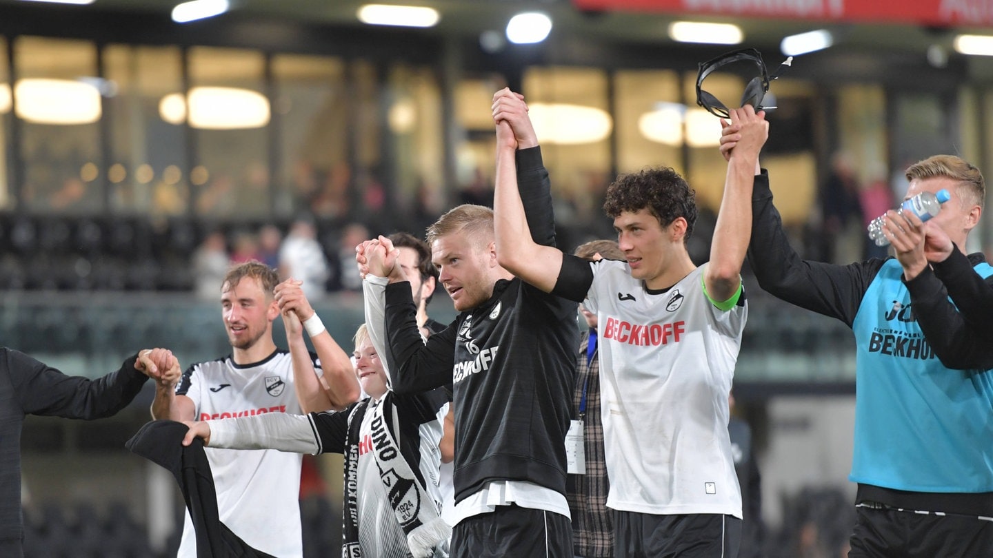 Jubelnde Spieler nach Abpfiff - der SV Sandhausen ist seit 10 Spielen ungeschlagen