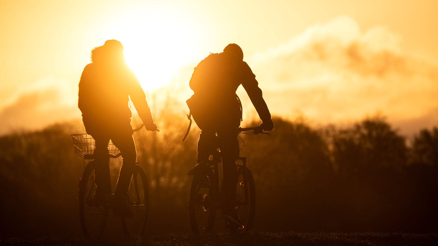 Radfahrer fahren bei Sonnenaufgang am Werdersee entlang.