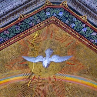 Eine weiße Taube vor einem gemalten Himmel einer Kirchendecke.
