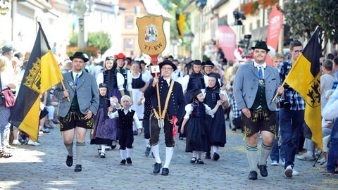 Baden-Württemberg, Waldkirch: Eine Trachtengruppe nimmt am Landesfestumzug in der Innenstadt teil. Zu der Veranstaltung wurden nach Angaben der Organisatoren rund 20 000 Zuschauer und mehr als 3000 Teilnehmer, darunter Trachten- und Musikgruppen, aus dem gesamten Land erwartet.