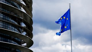 Die Flagge der Europäischen Union weht vor dem Gebäude des Europäischen Parlaments im Wind. 